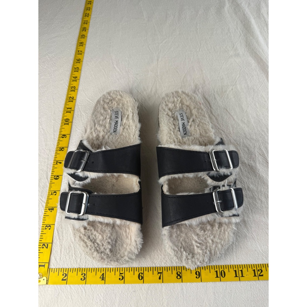 Steve Madden Slide Sandals Womens 10.5 Black Faux Fur Lined Double Buckle Straps